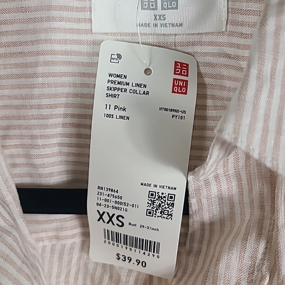 UNIQLO Women's 100% Linen Skipper Collar Shirt White Pink Stripes Popover Sz XXS - Picture 3 of 4